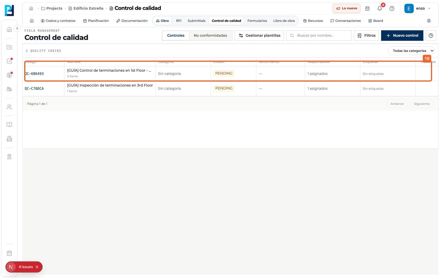 Captura de producto: Crear un control de calidad