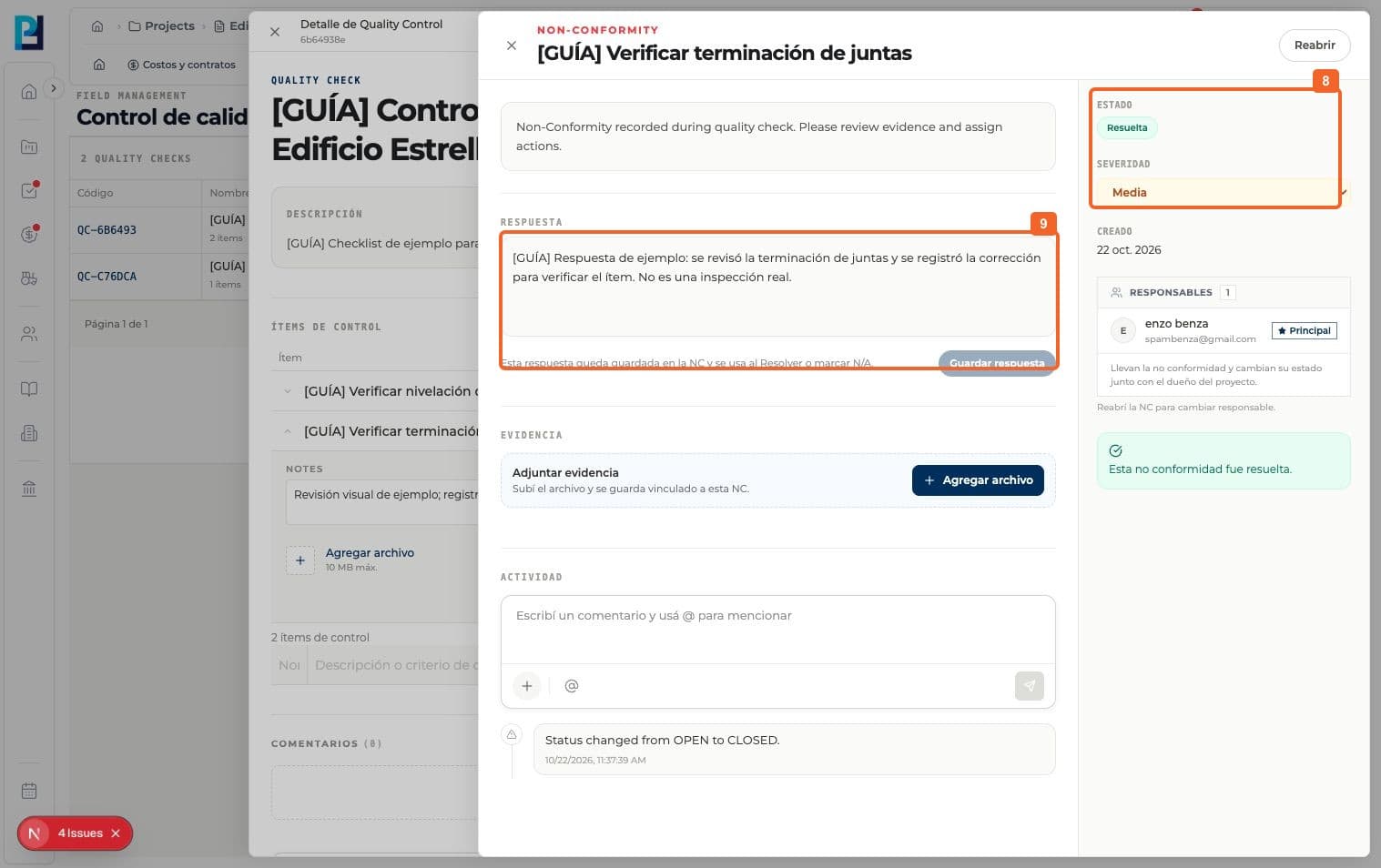 Step 8: Verify that the detail says Resolved and retains the response.