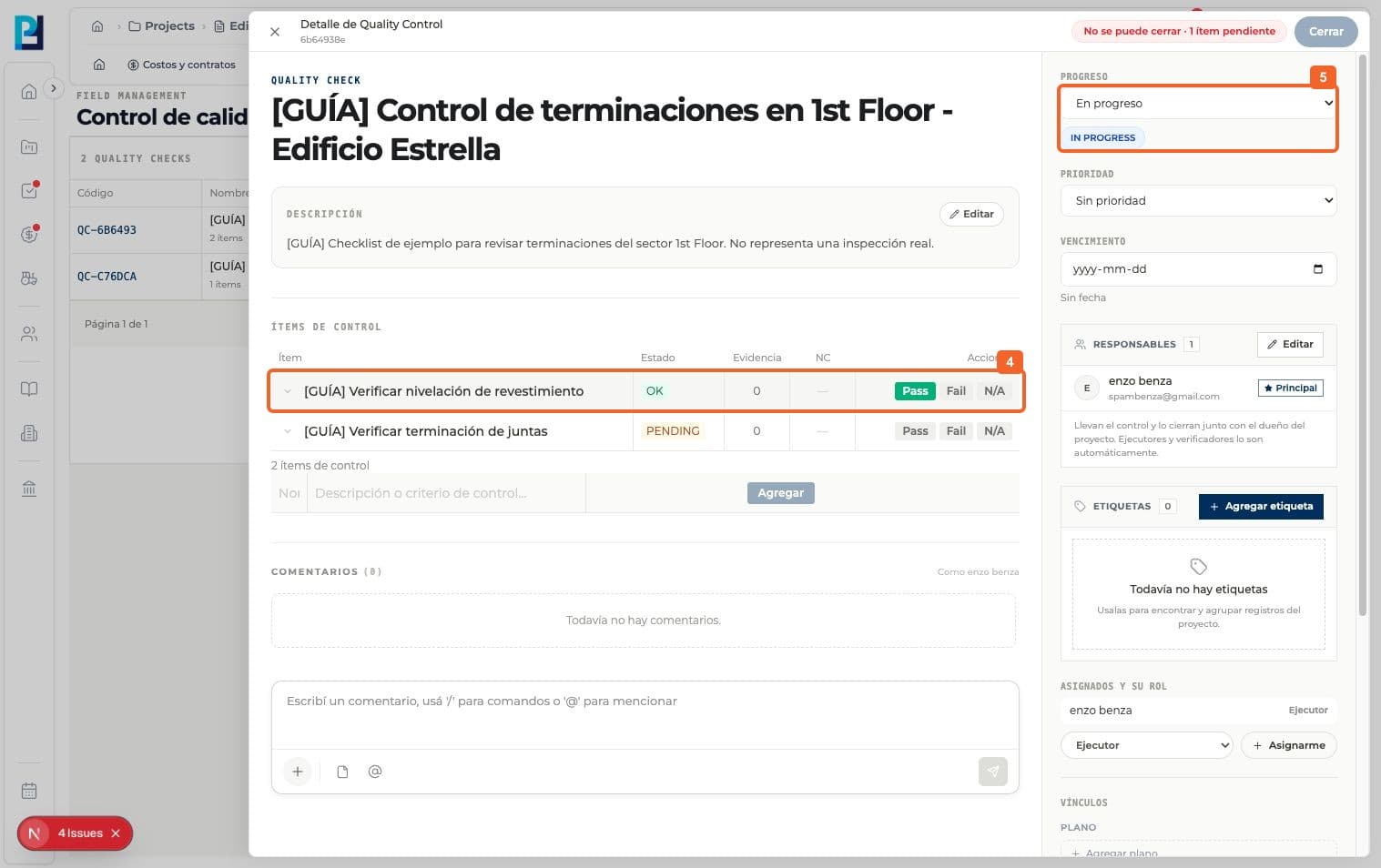 Paso 4: Tras efectuar la comprobación correspondiente, pulsá Pass en el ítem aprobado. El estado pasa a OK.