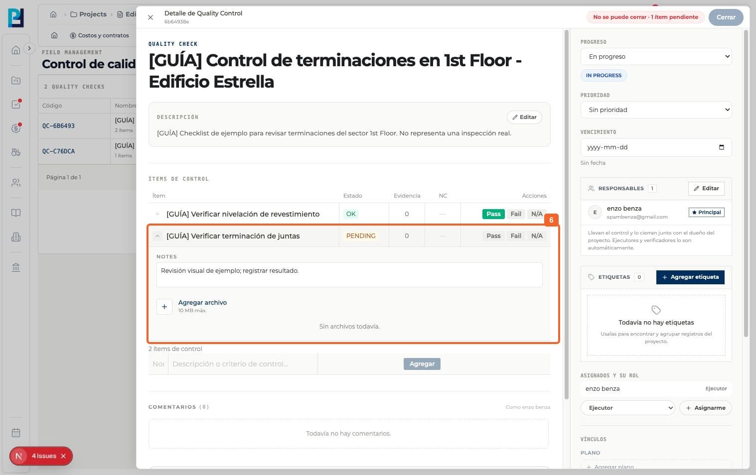 Paso 6: Desplegá otro ítem para ver sus Notas y el área de evidencias. En la prueba no se adjuntaron archivos.