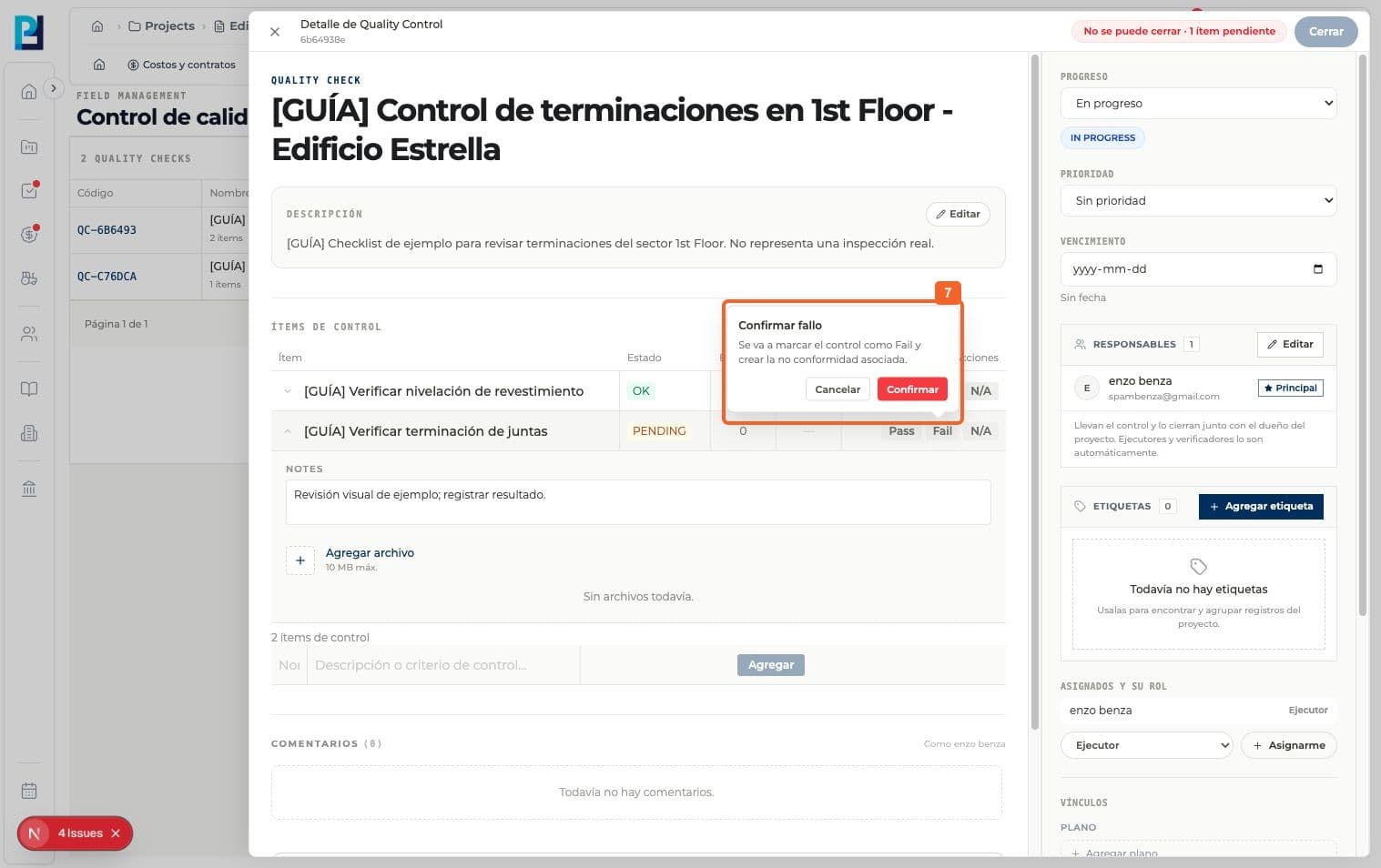 Paso 7: Si un ítem no cumple, pulsá Fail y confirmá. La interfaz avisa que creará una no conformidad vinculada.