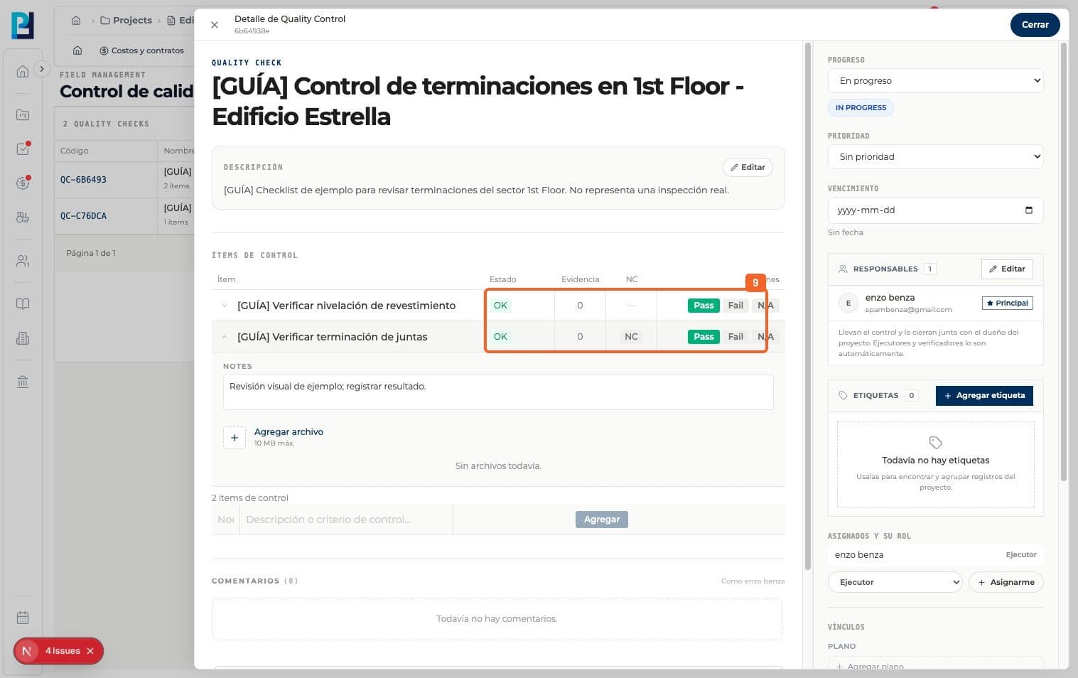 Paso 9: Resolvé la no conformidad según Resolver una no conformidad. Solo después de comprobar la corrección, volvé a pulsar Pass en el ítem. En el ejemplo ambos quedaron OK.
