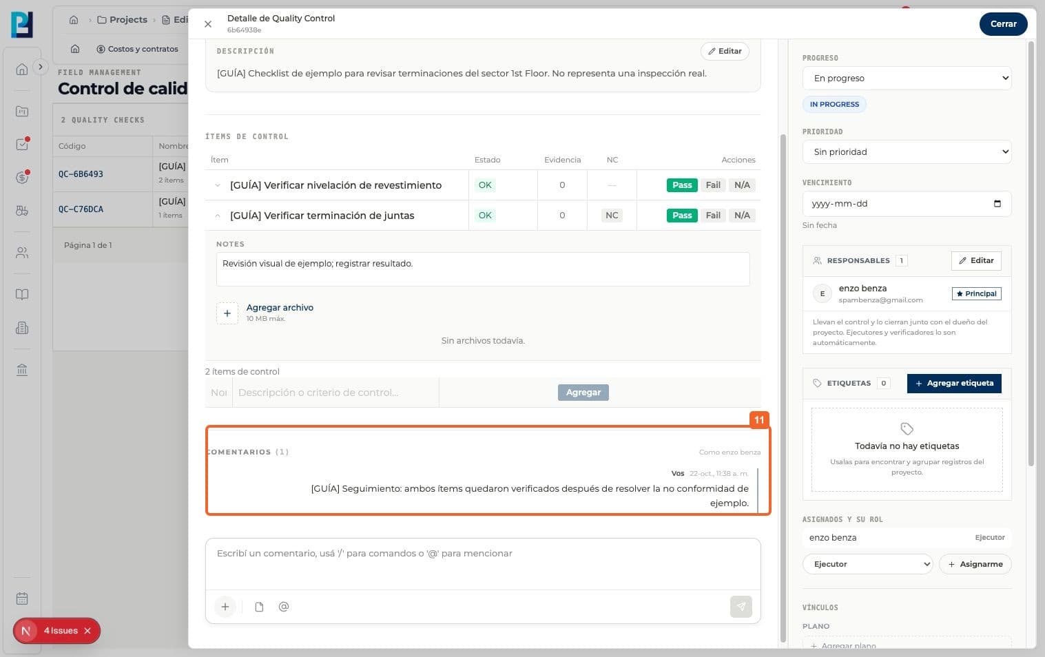 Captura de producto: Revisar los ítems de un control de calidad