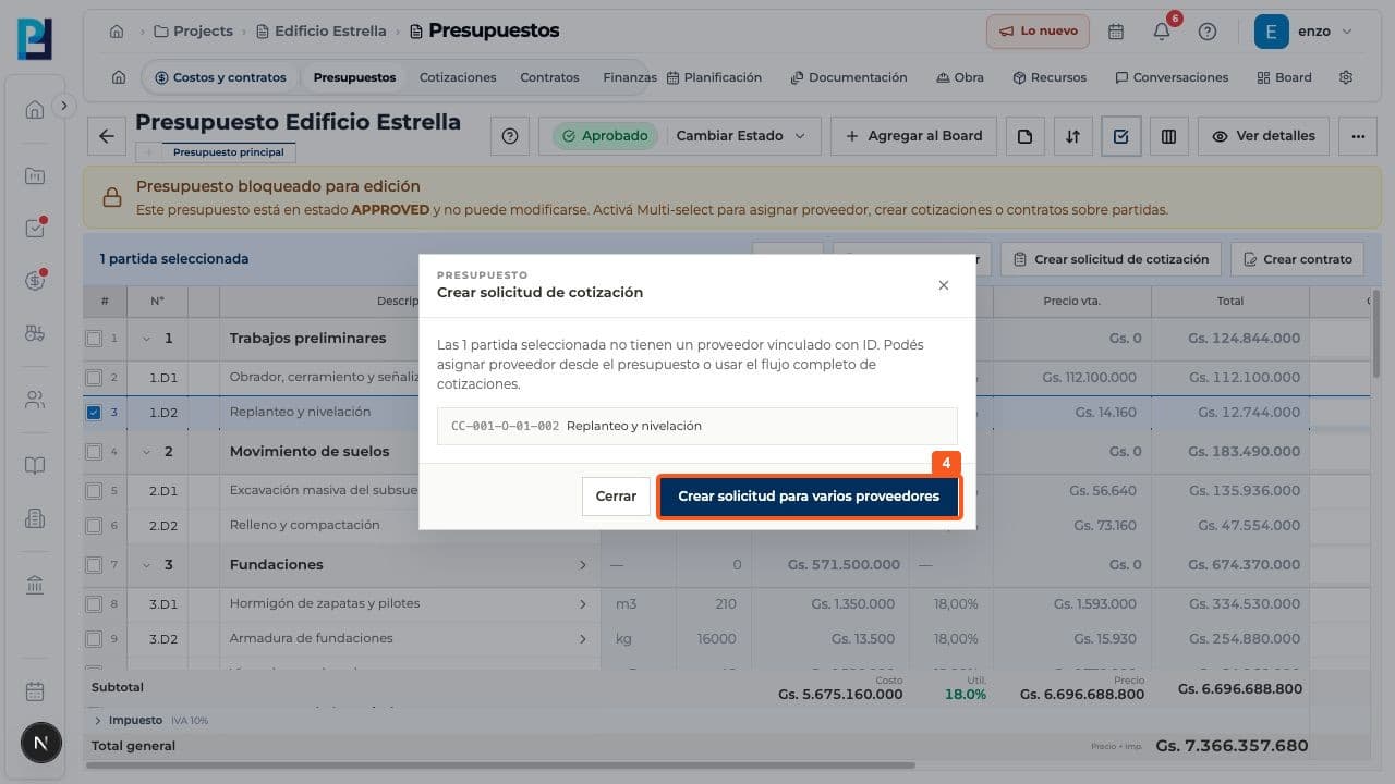 Step 4: If the item has no linked supplier, choose Create request for multiple suppliers to open the full wizard.