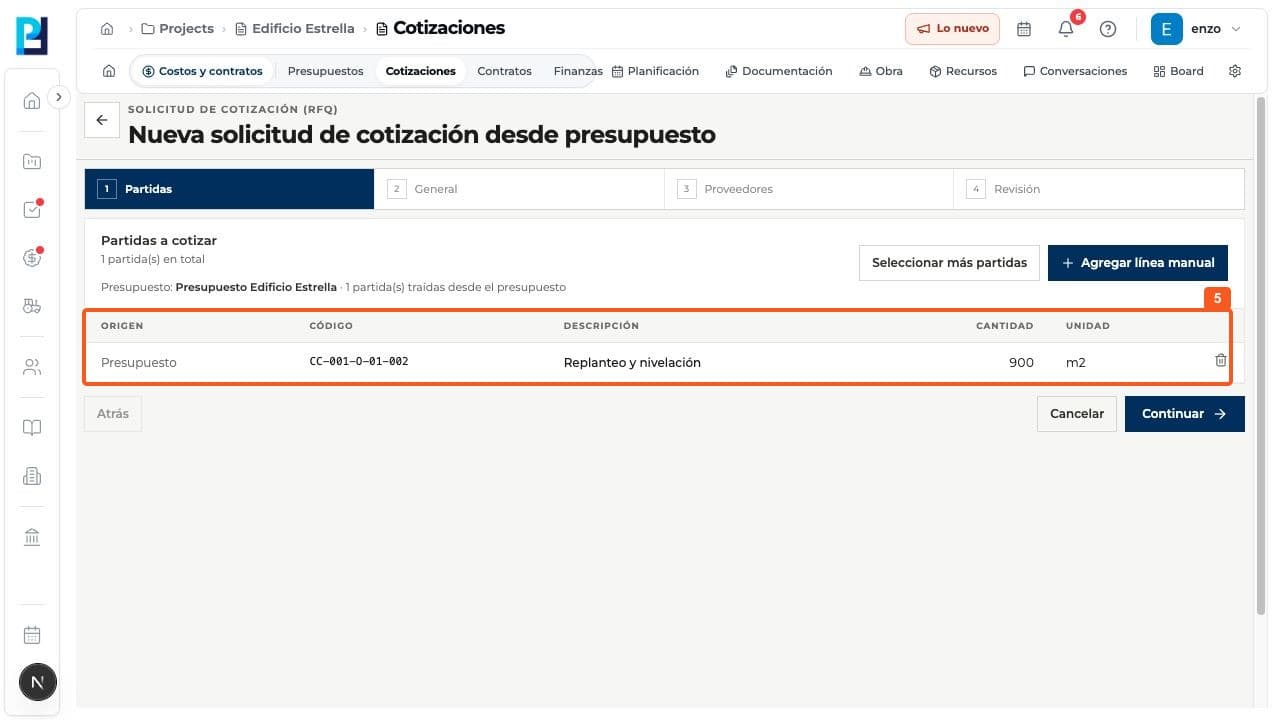Step 5: On Items, check the imported budget lines. Add other items or a manual line if needed.