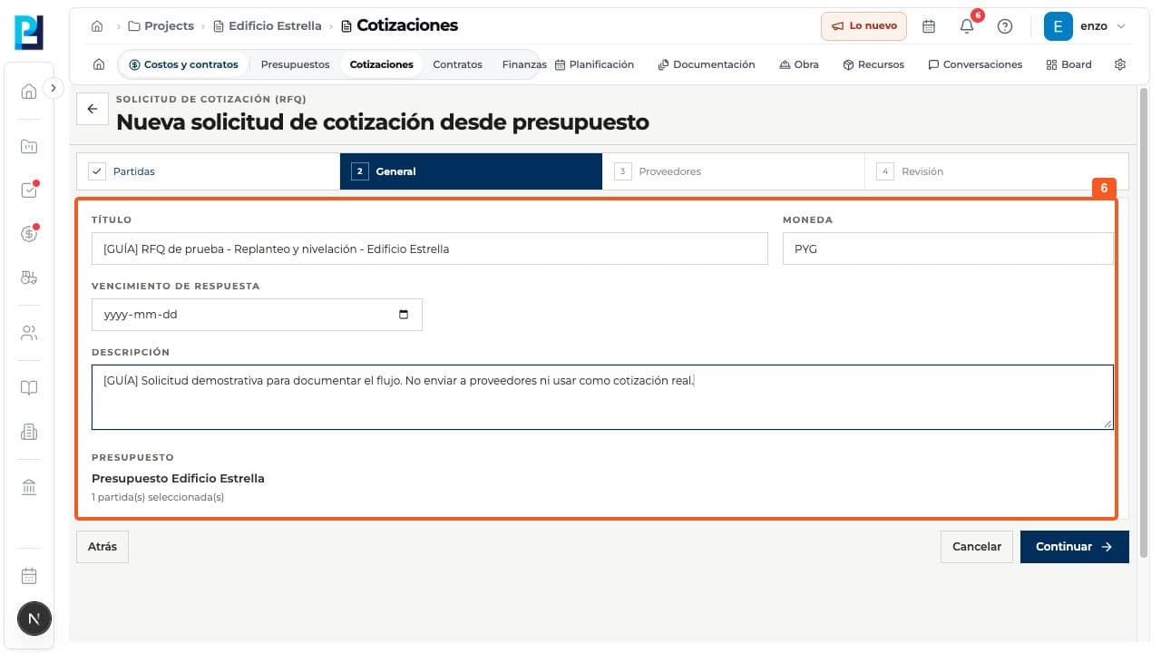 Step 6: On General, enter title, currency, response deadline and description; confirm the budget link.