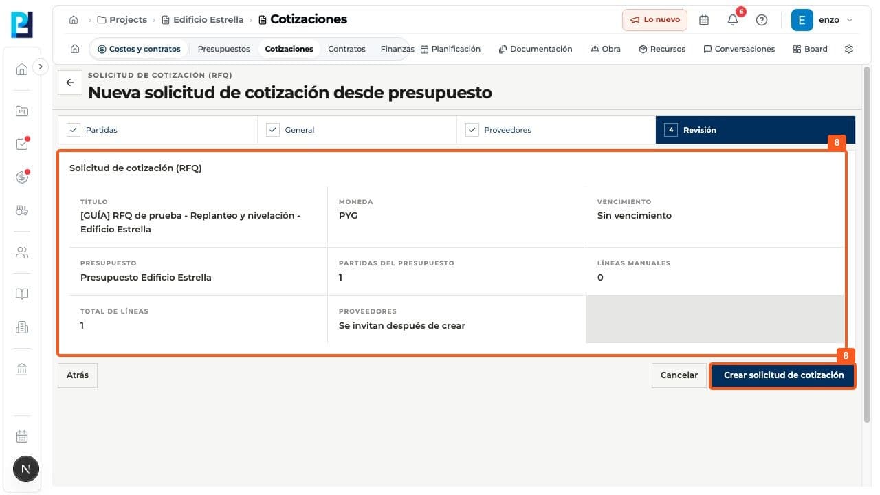 Step 8: On Review, check the title, currency, deadline, budget and item count; then create the request.
