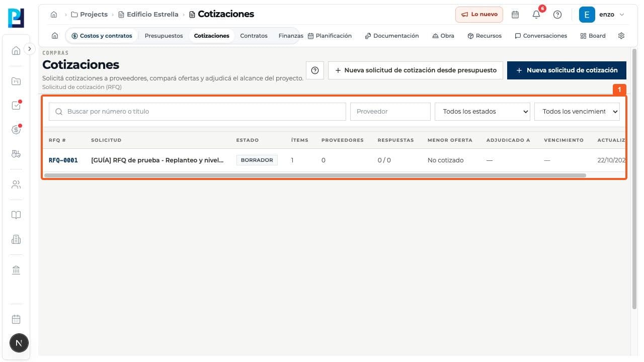 Step 1: Open Costs and contracts > Quotes. Search by number or title, filter if needed, and open the RFQ.