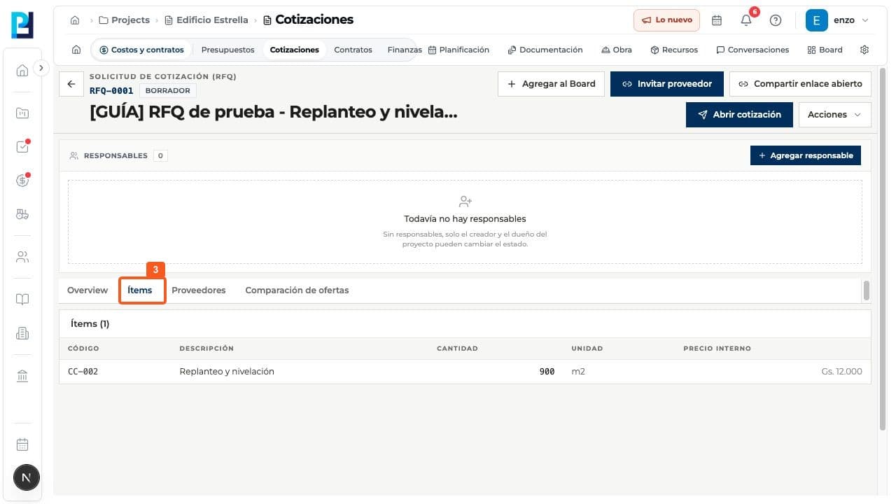 Step 3: On Items, review each line's code, description, quantity, unit and internal price.
