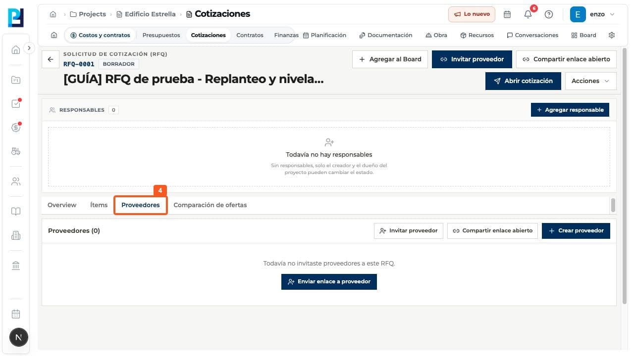 Step 4: On Suppliers, see invitees and response status. If empty, options to invite or create a supplier appear.