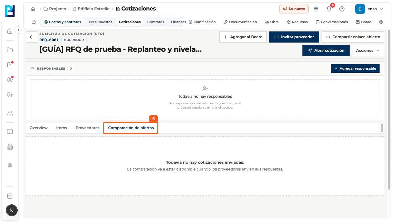 Step 5: On Bid comparison, check whether submitted responses exist. Comparison is unavailable until then.