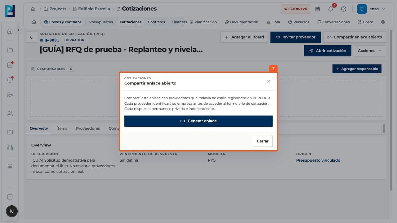 Step 7: For unregistered suppliers, open Share open link. Generate link was not used in this test.