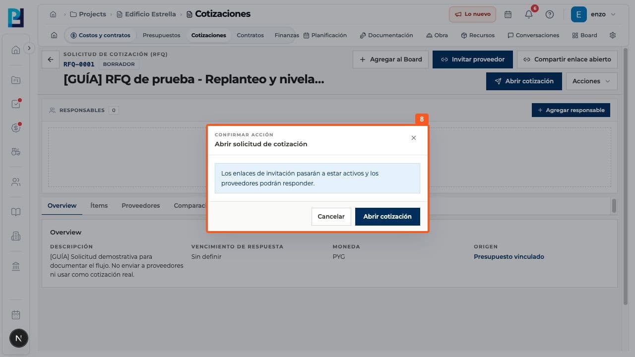 Step 8: Before replies are accepted, Open quote request asks for confirmation and activates invitation links. The example stayed in Draft.