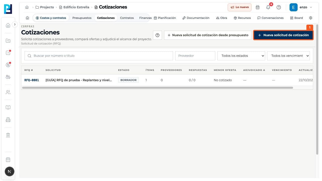 Paso 1: Abrí Costos y contratos > Cotizaciones. Hay dos entradas: Nueva solicitud de cotización desde presupuesto y Nueva solicitud de cotización. Elegí la segunda para empezar directamente aquí.