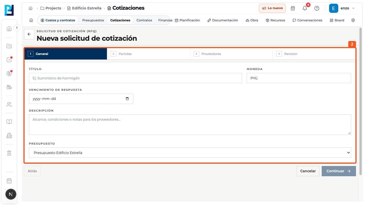 Captura de producto: Iniciar una solicitud desde el módulo de Cotizaciones