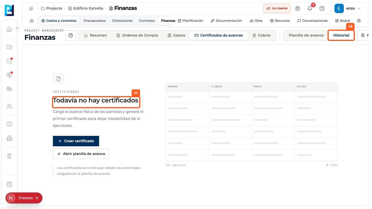 Captura de producto: Preparar un certificado de avance