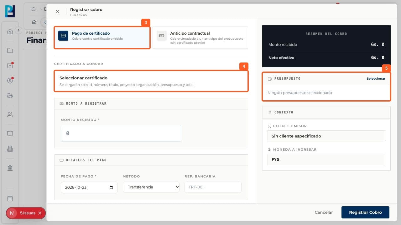 Step 3: Choose Certificate payment to receive payment against an issued certificate.