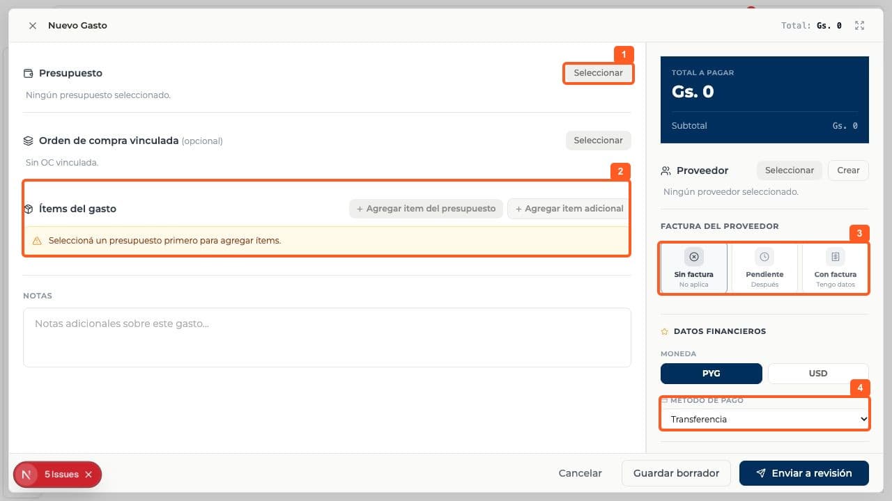 Step 1: Open Finance > Expenses, select New expense and open Budget > Select.