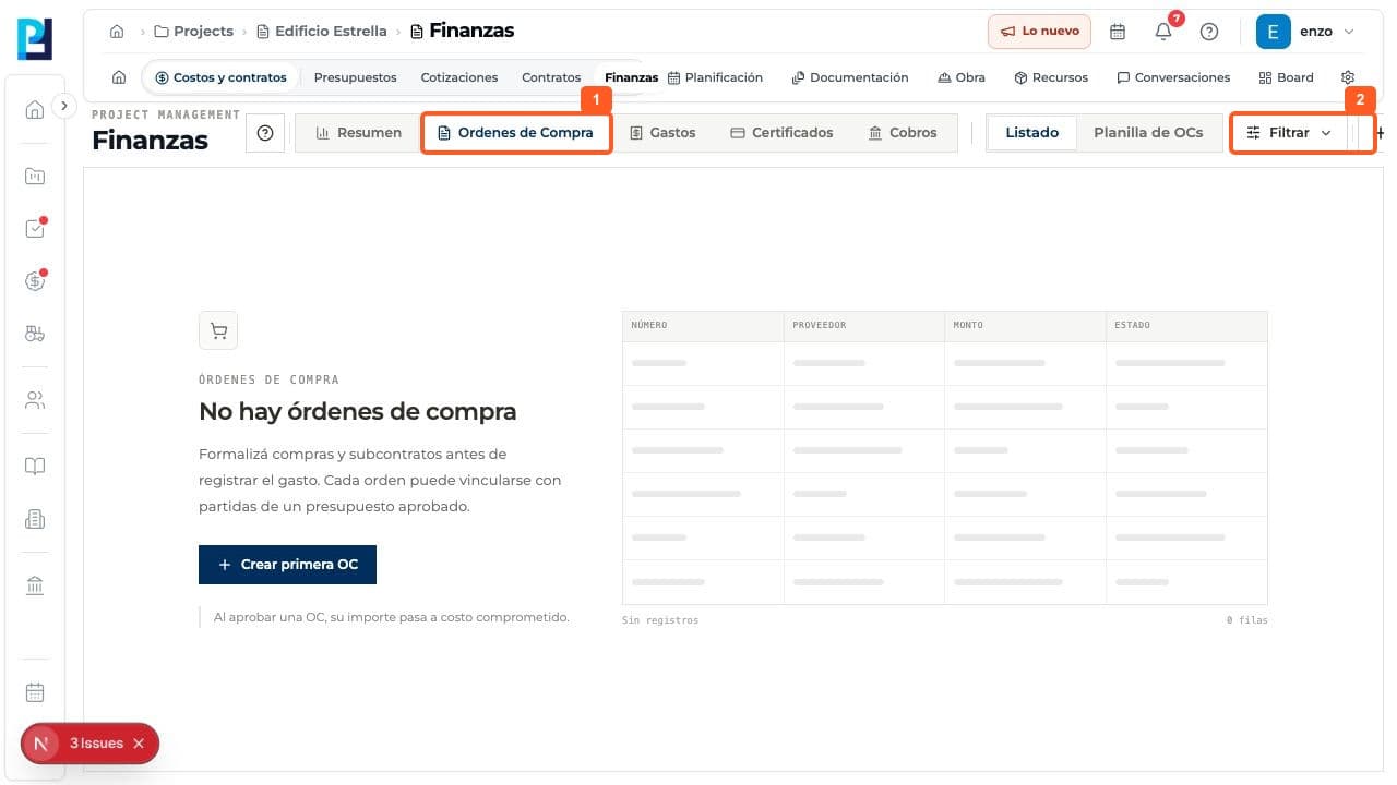 Paso 1: Entrá en Finanzas > Órdenes de Compra.