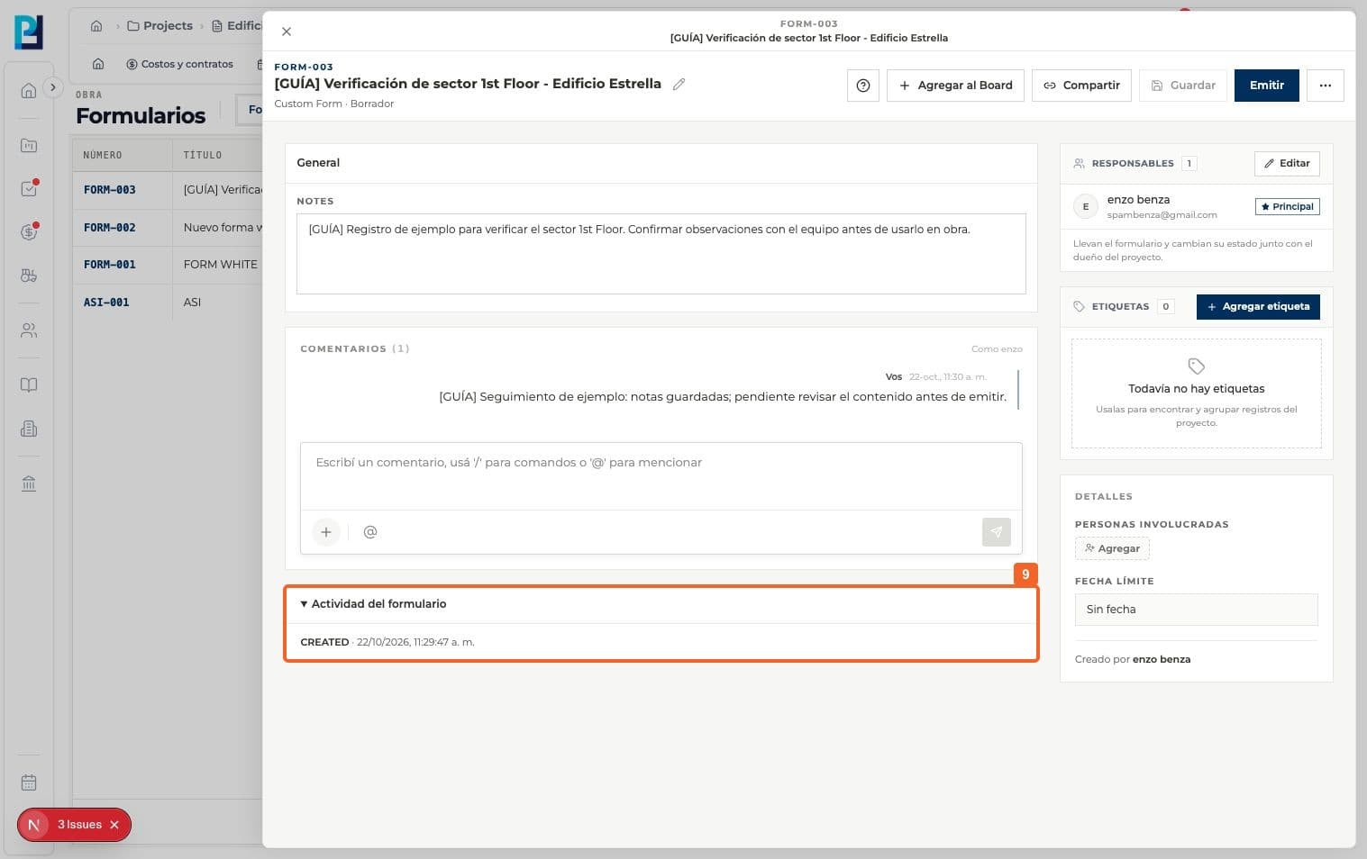 Product screenshot: Fill in and follow a form