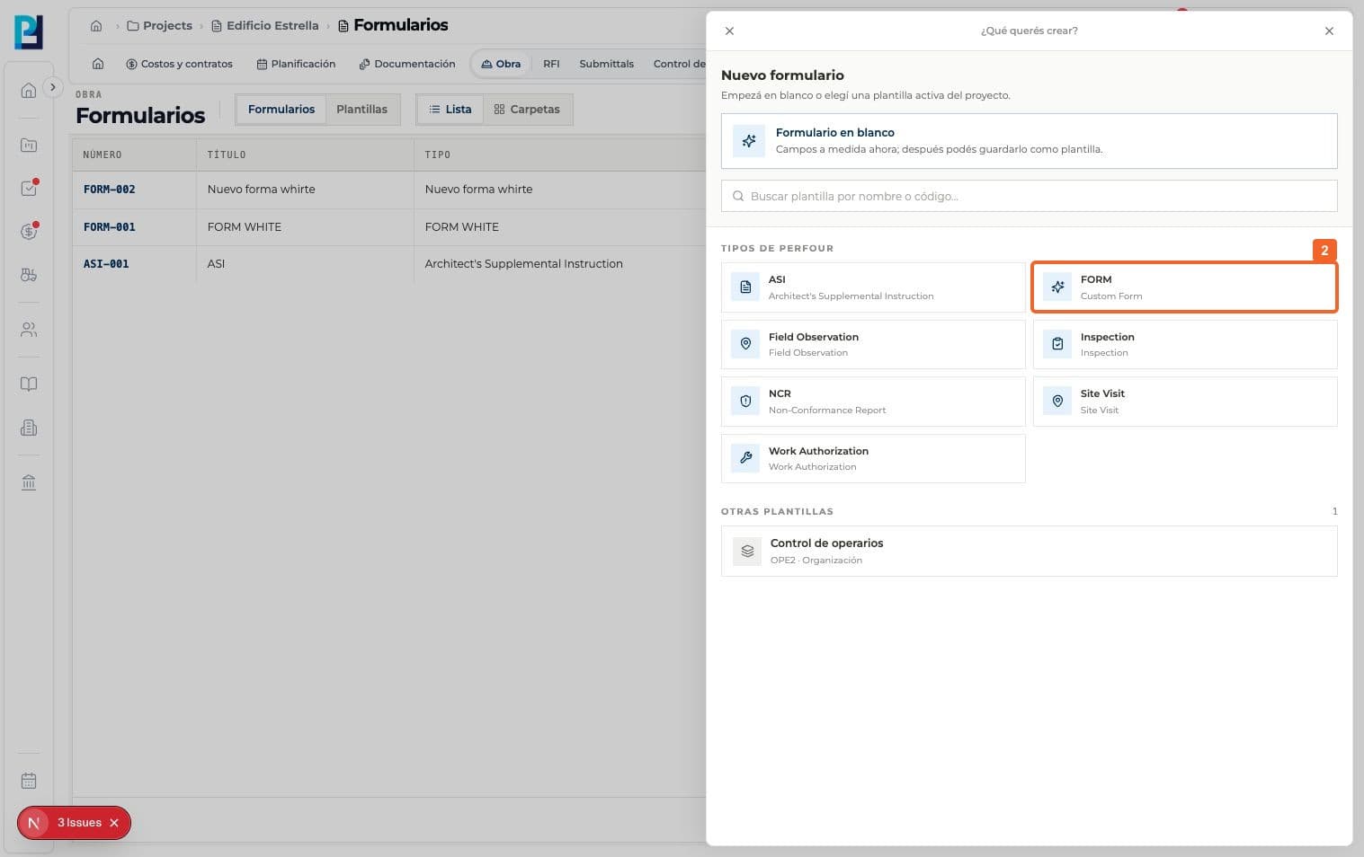 Step 2: Choose a type or template. The example selects FORM / Custom Form under Perfour types.