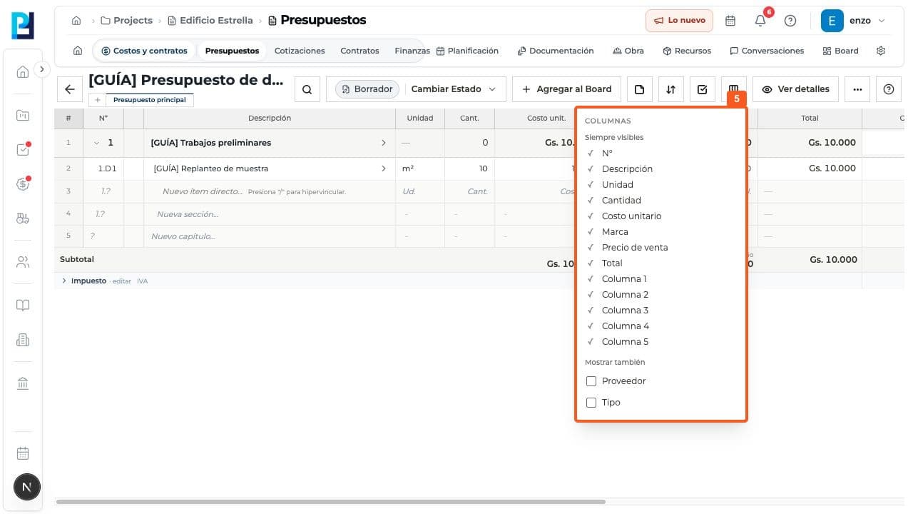 Step 5: Under Columns, consider showing Supplier or Type. Only the selector was opened in this test.