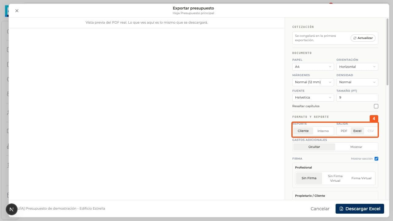 Step 4: For a spreadsheet, select Excel under Output; the final action becomes Download Excel.