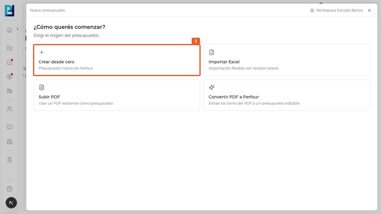 Step 2: Under How do you want to start, choose Create from scratch. Excel and PDF alternatives are also shown.