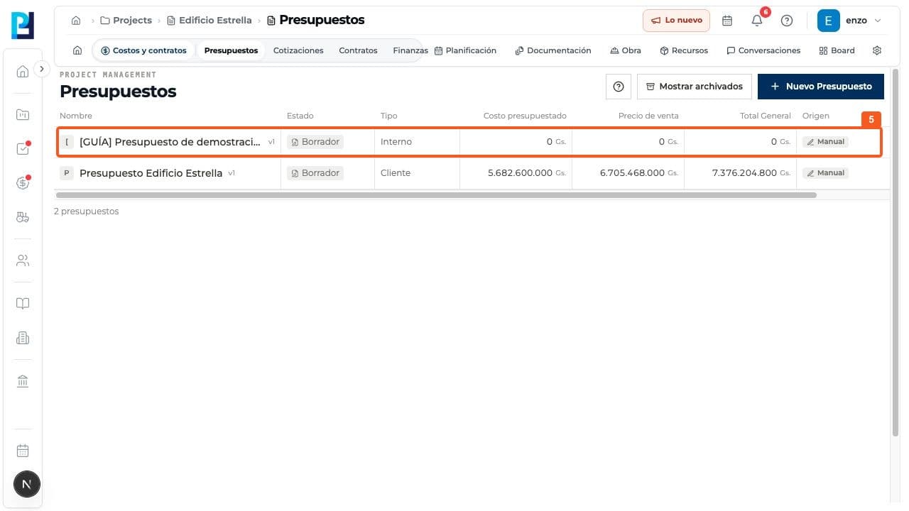 Step 5: Select Create budget and verify it appears as Draft.