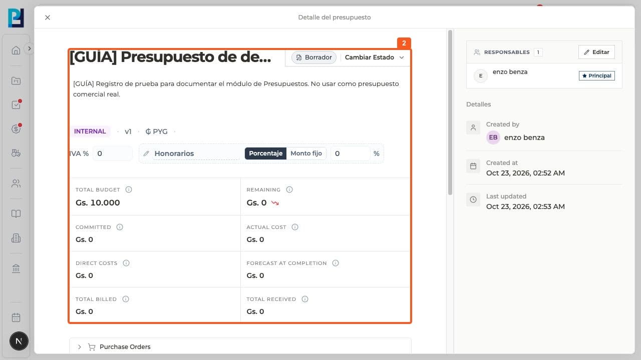 Paso 2: En Ver detalles, comprobá nombre, descripción, tipo, moneda, impuesto, honorarios y resumen económico.