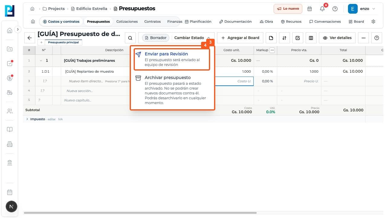 Captura de producto: Revisar el estado de un presupuesto