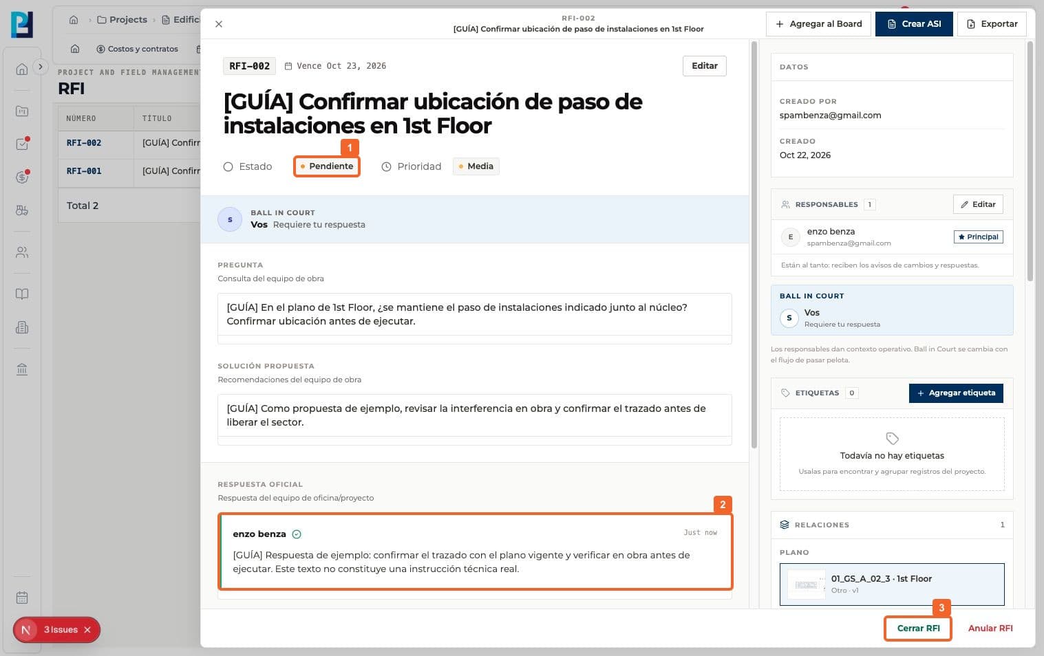 Paso 1: Abrí el RFI y comprobá que está Pendiente después de recibir la respuesta oficial.