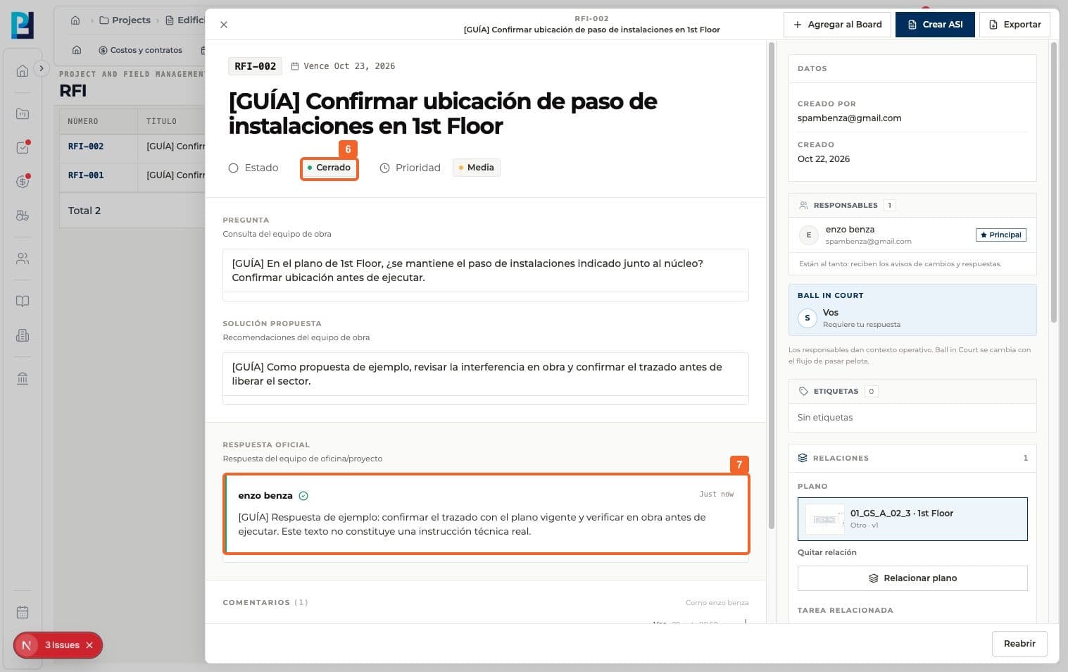 Paso 6: Verificá que el estado del detalle cambió a Cerrado.