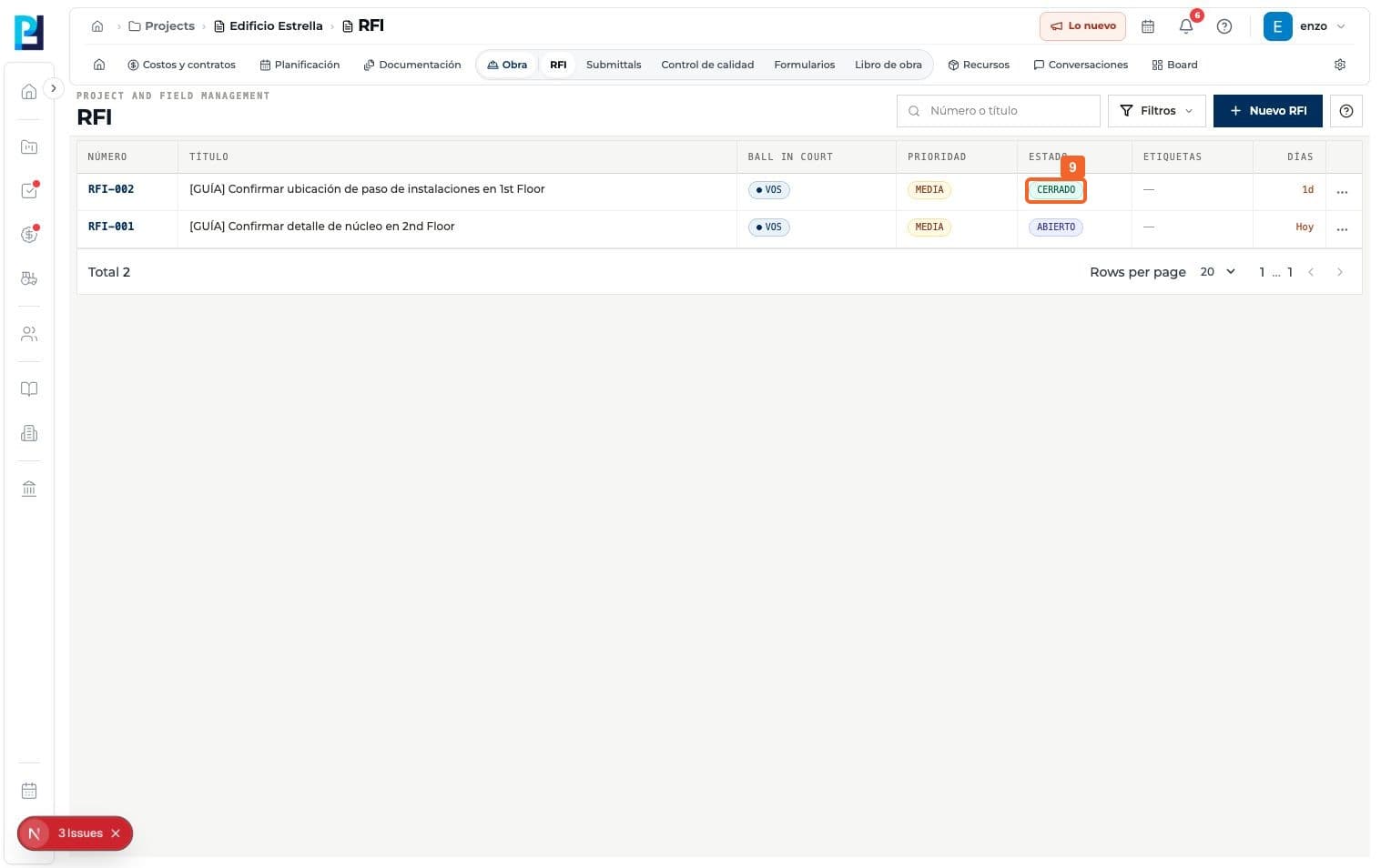 Captura de producto: Cerrar un RFI
