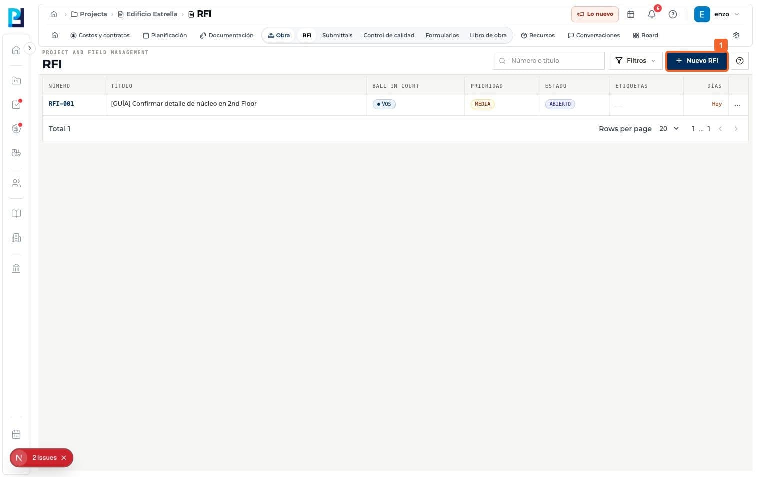 Step 1: Open RFI in the project and select New RFI.