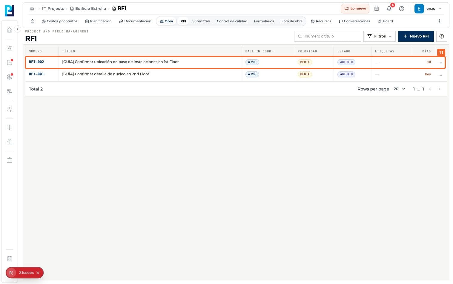 Product screenshot: Create an RFI