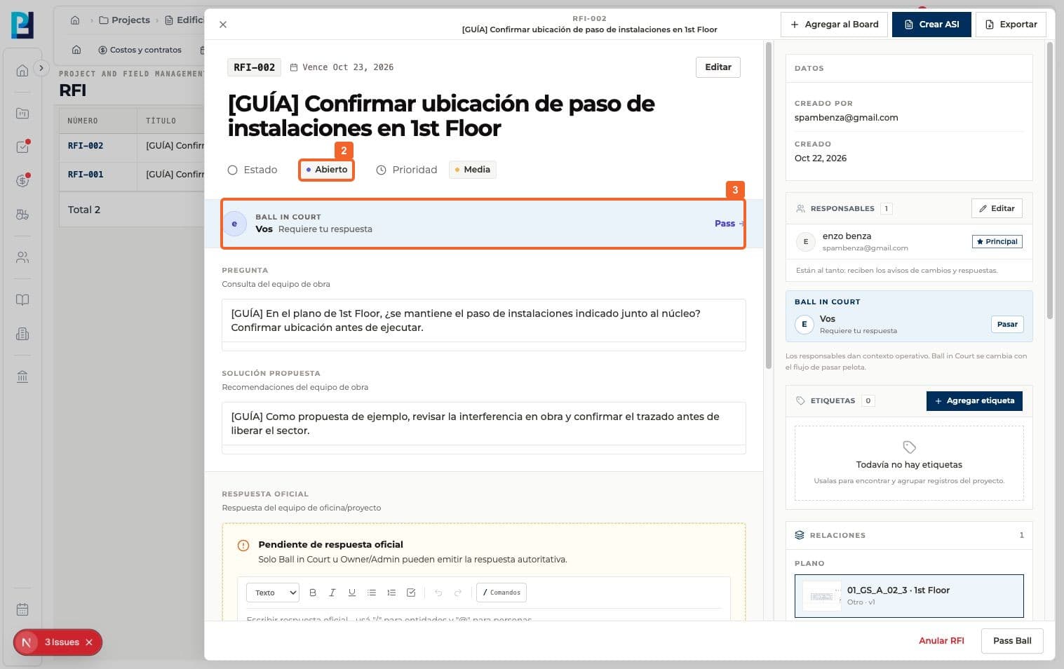 Paso 2: Revisá el Estado. El ejemplo empieza Abierto.
