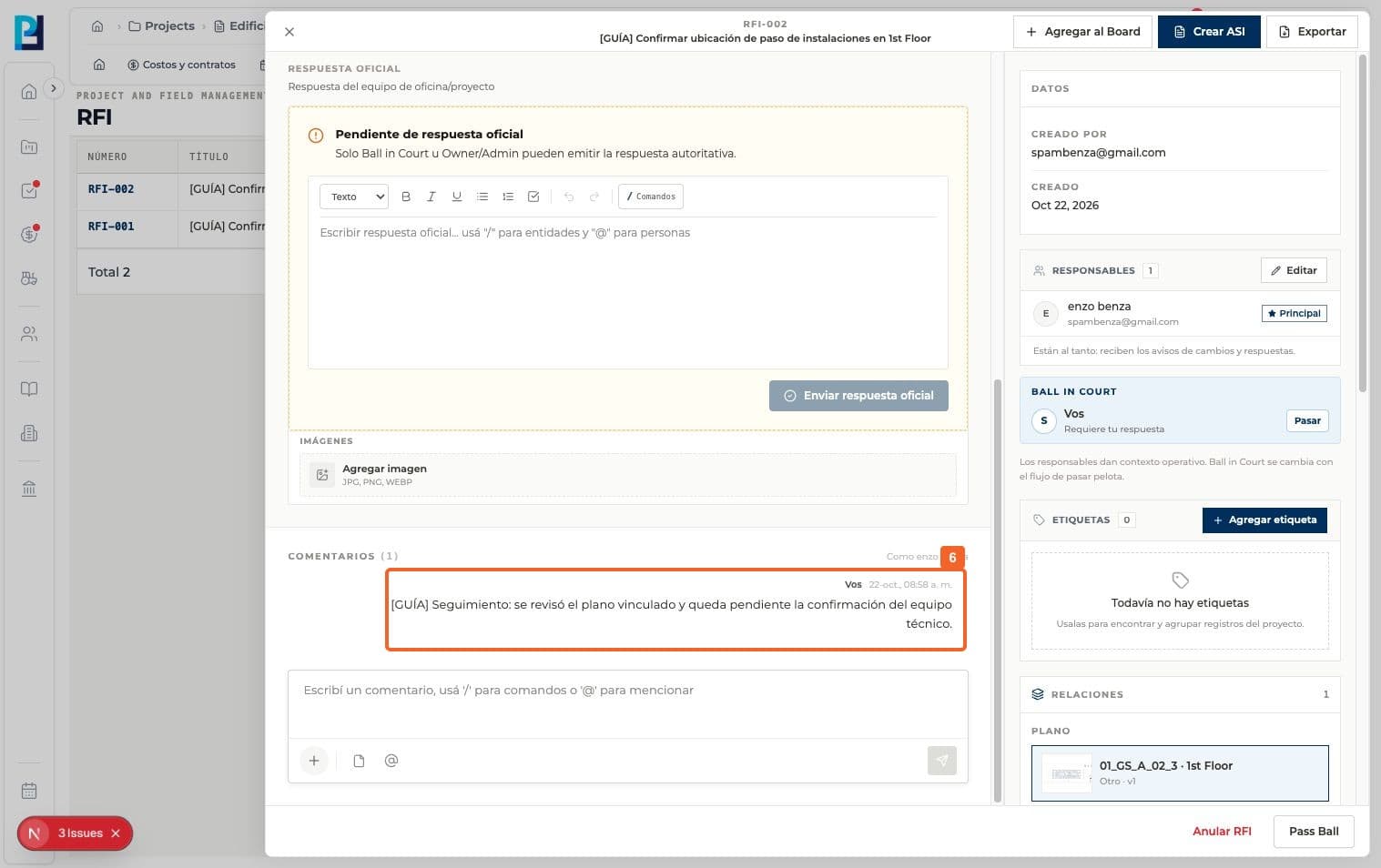 Paso 6: Comprobá que el comentario aparece en la conversación. Un comentario no reemplaza la respuesta oficial.