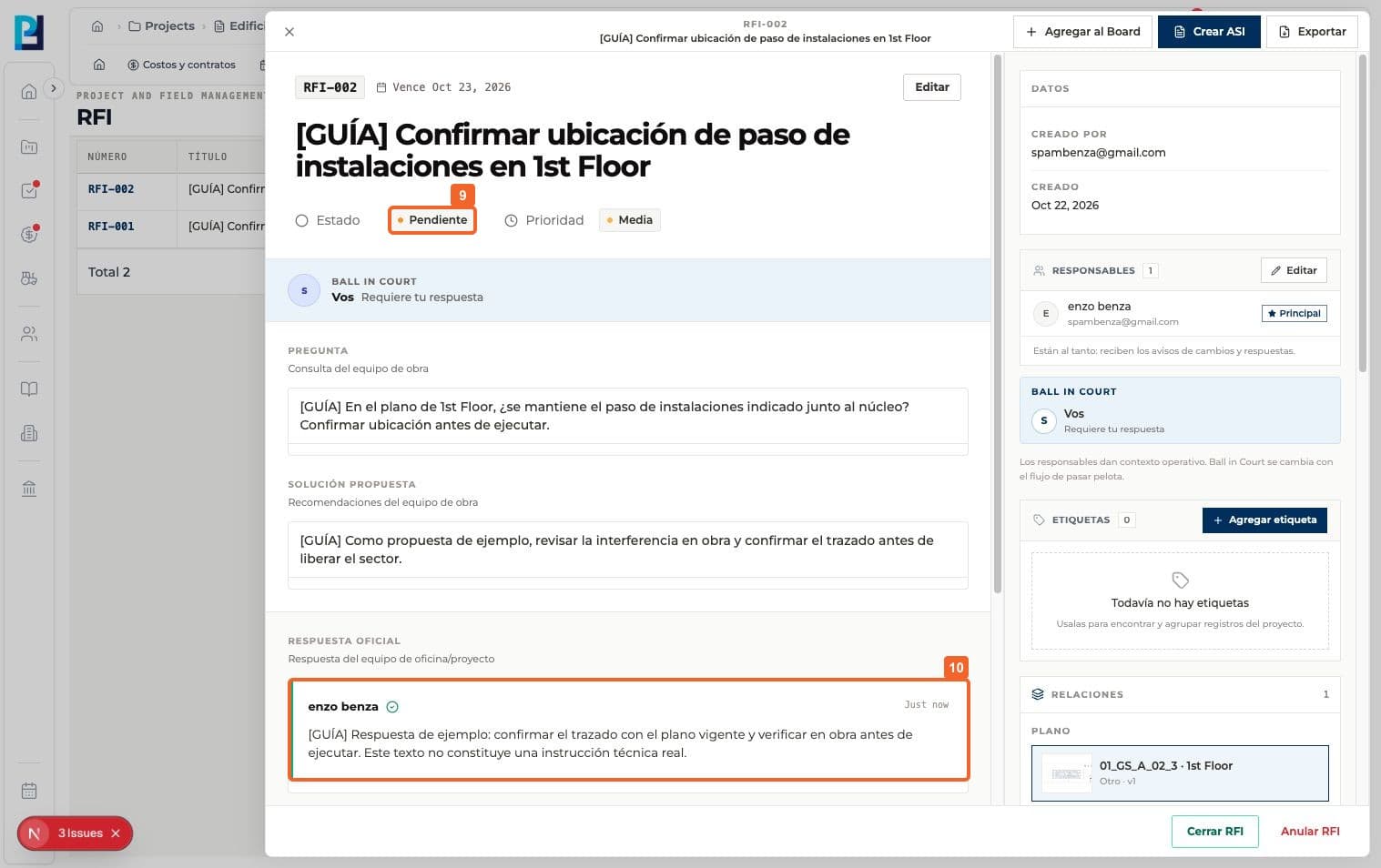Paso 9: Verificá que el estado cambió a Pendiente. Aún no es Cerrado.