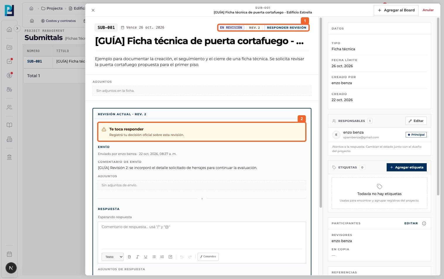Step 1: Open a submittal In review and check the current revision.