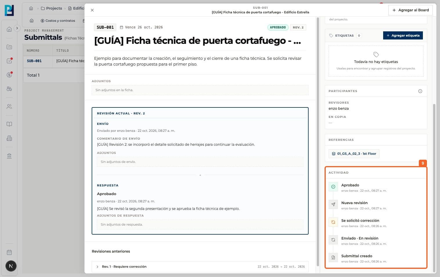 Product screenshot: Finish a technical submittal review