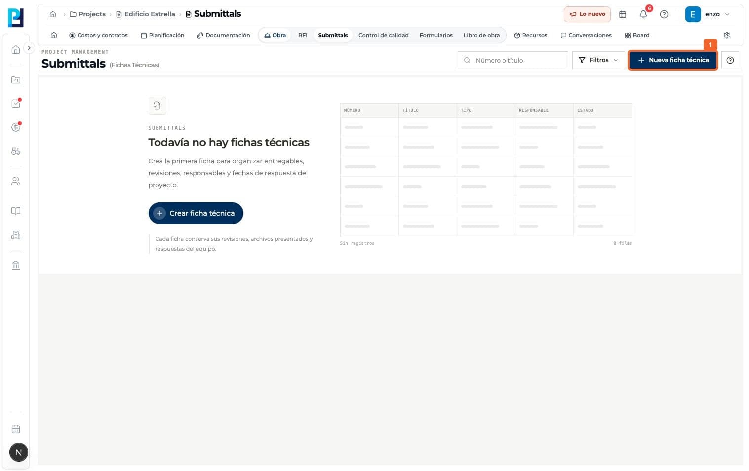 Step 1: Open project Submittals and select New technical submittal.