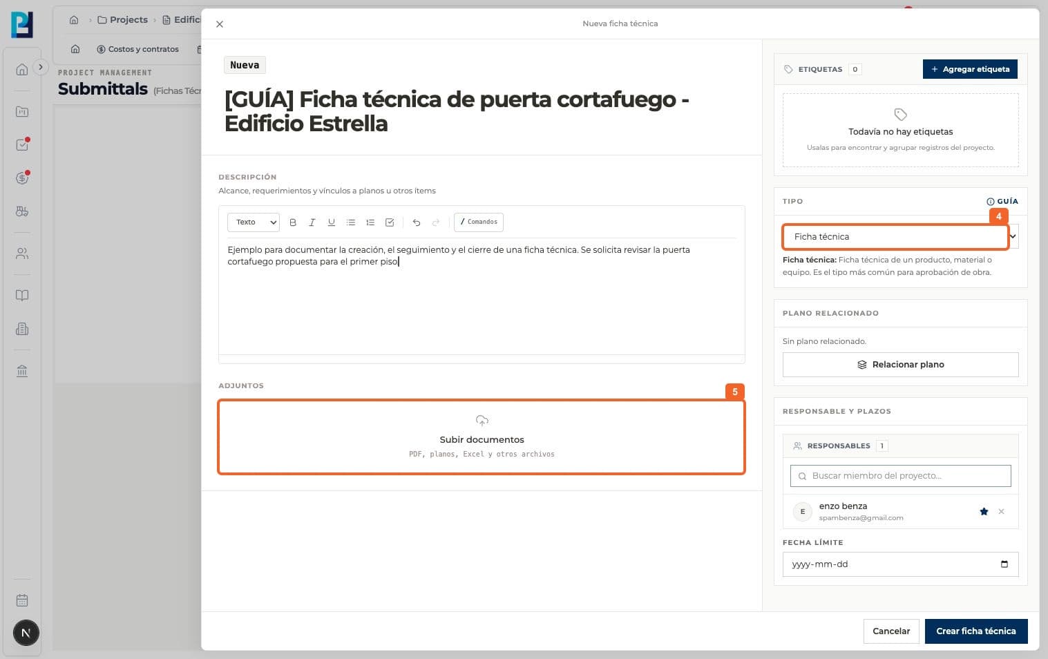Step 4: Select the submittal type. The example kept Technical data.