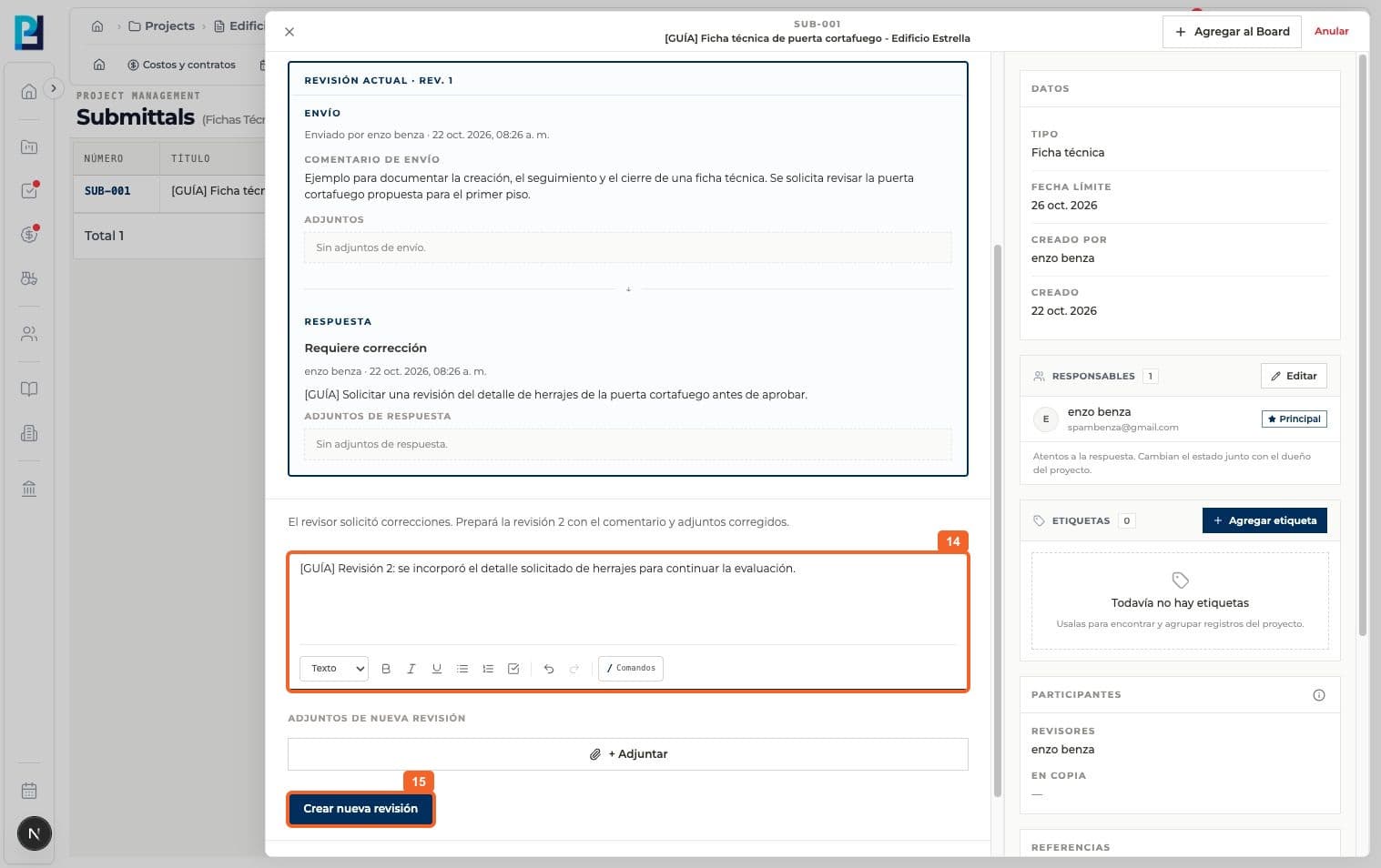 Step 14: Enter a new revision comment and, if relevant, corrected attachments. This test added only a comment.