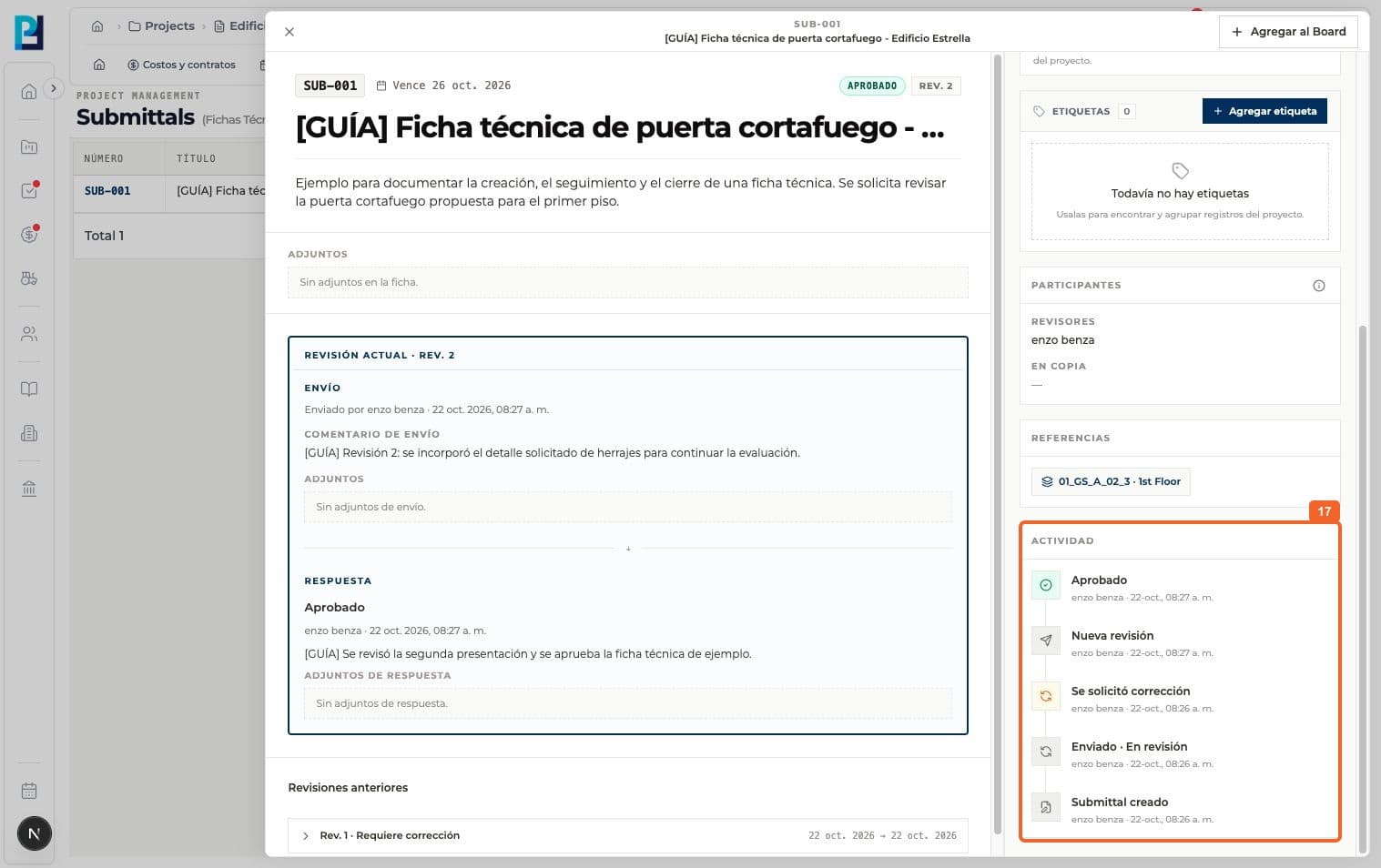 Product screenshot: Follow a technical submittal