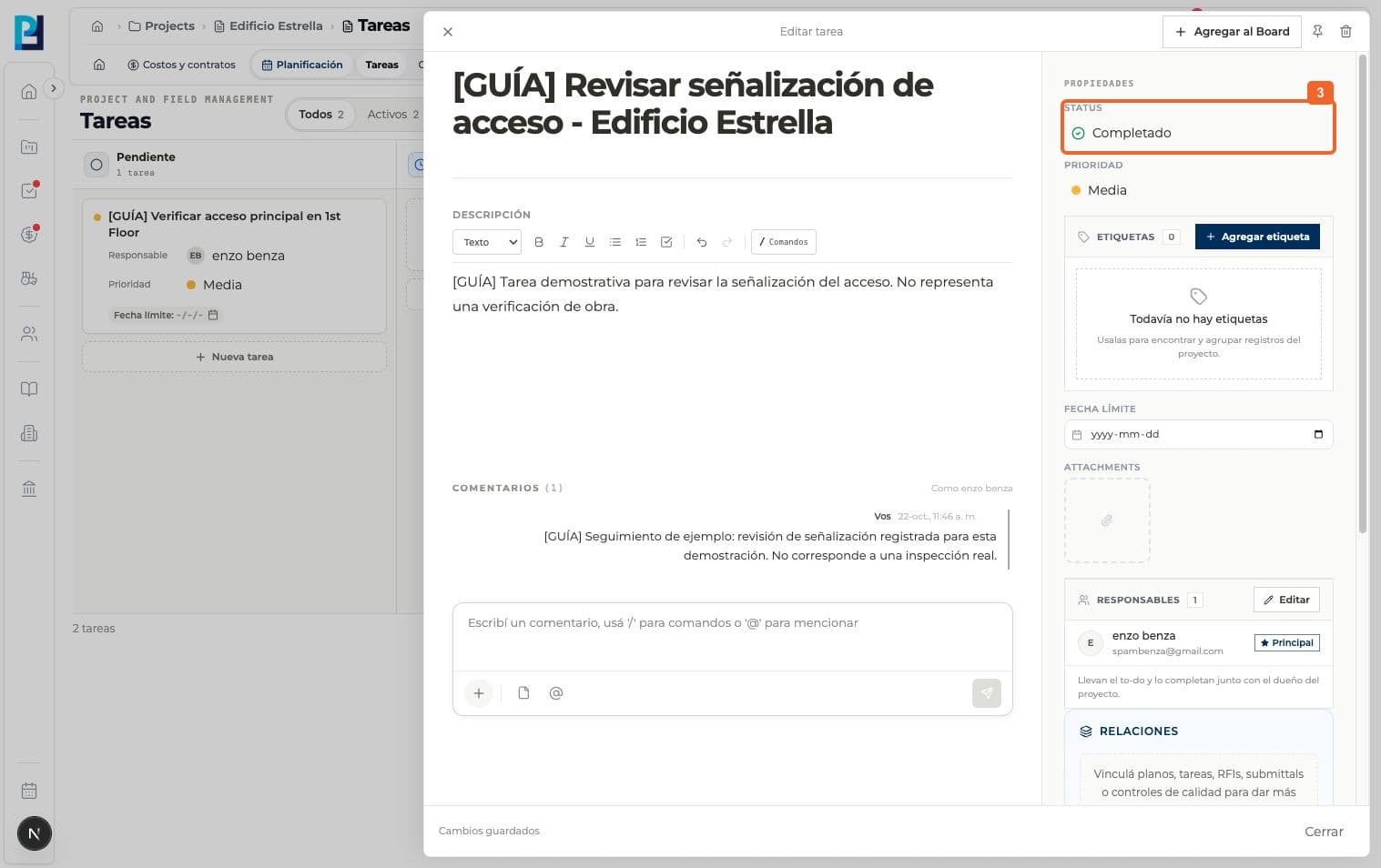Paso 3: Confirmá que el detalle indique Completado y que los cambios estén guardados.