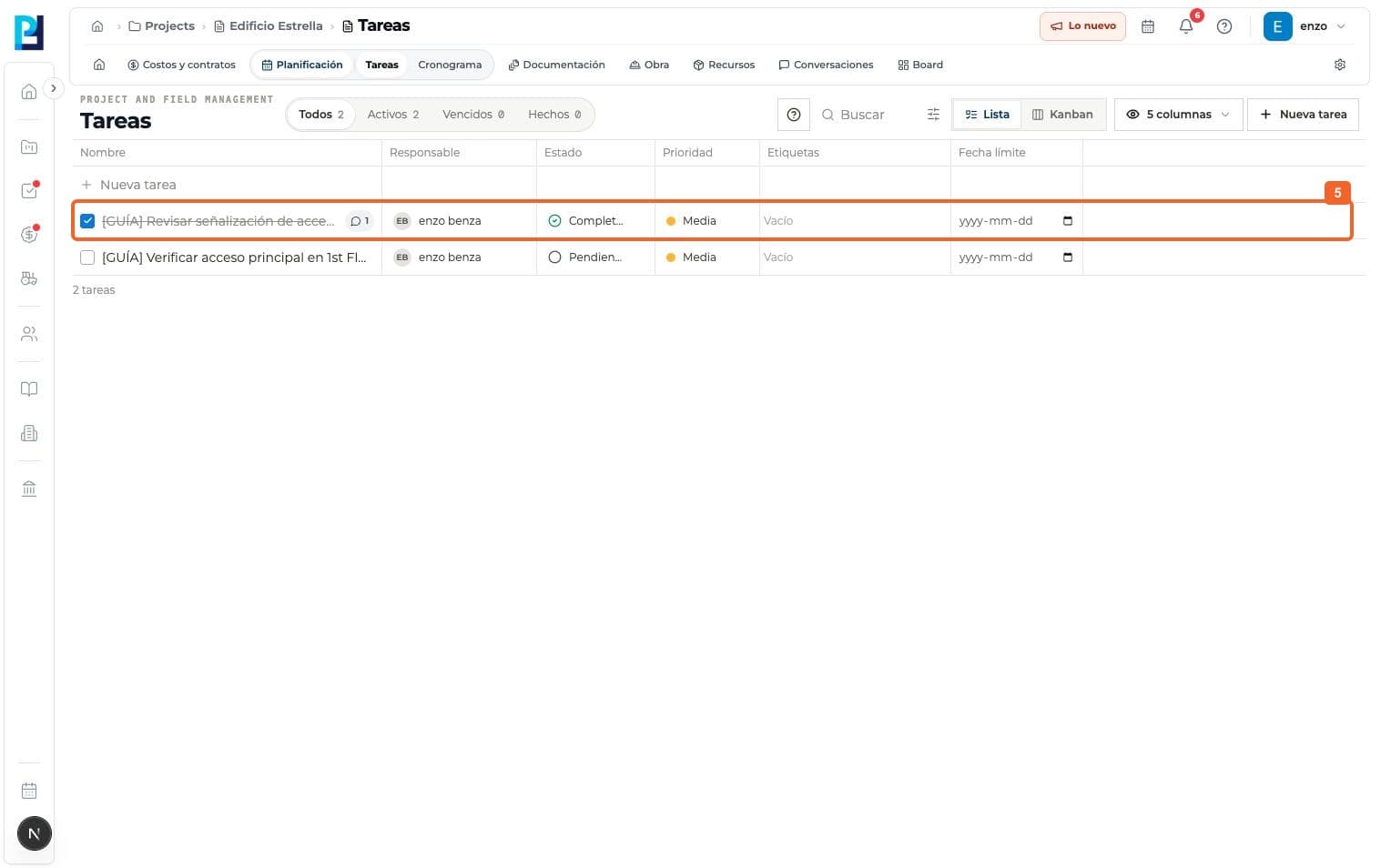 Captura de producto: Completar una tarea To-do