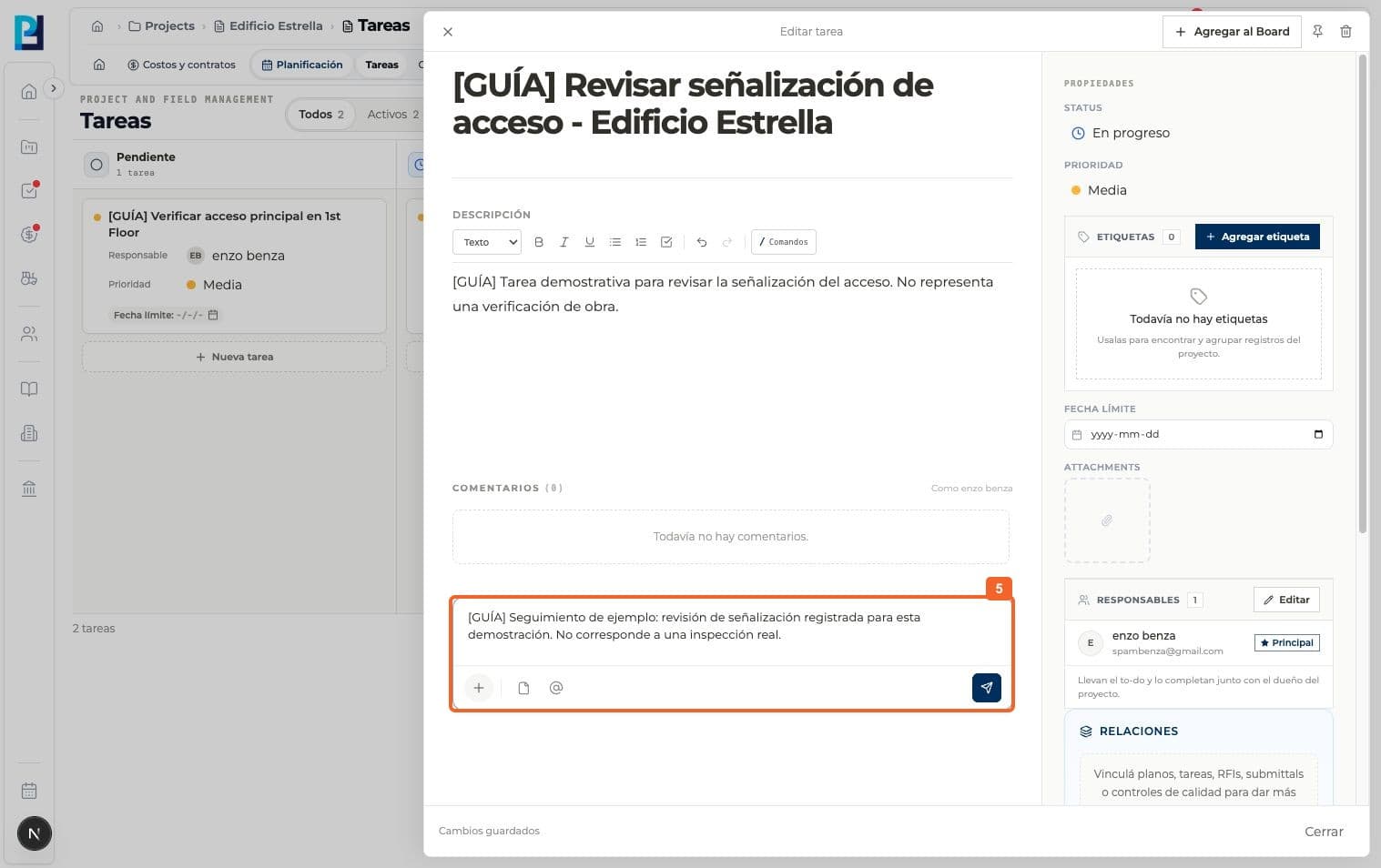 Paso 5: En Comentarios, escribí una actualización identificable y pulsá el botón de envío.